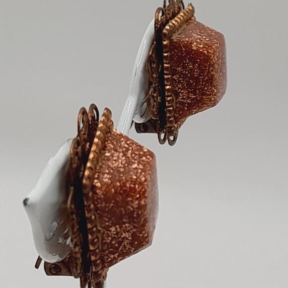 Vintage Goldstone Glass Clip On Earrings Copper Filigree Frame 1960s Style - Picture 5 of 8